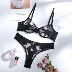 Sheer Mesh Embroidery Lace Sexy Lingerie Set