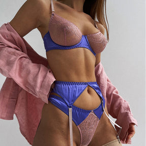 Sexy Lace Perspective Stitching Three-Piece Erotic Lingerie Set