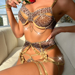 Leopard Print Metal Chain Strappy Sexy Lingerie Set