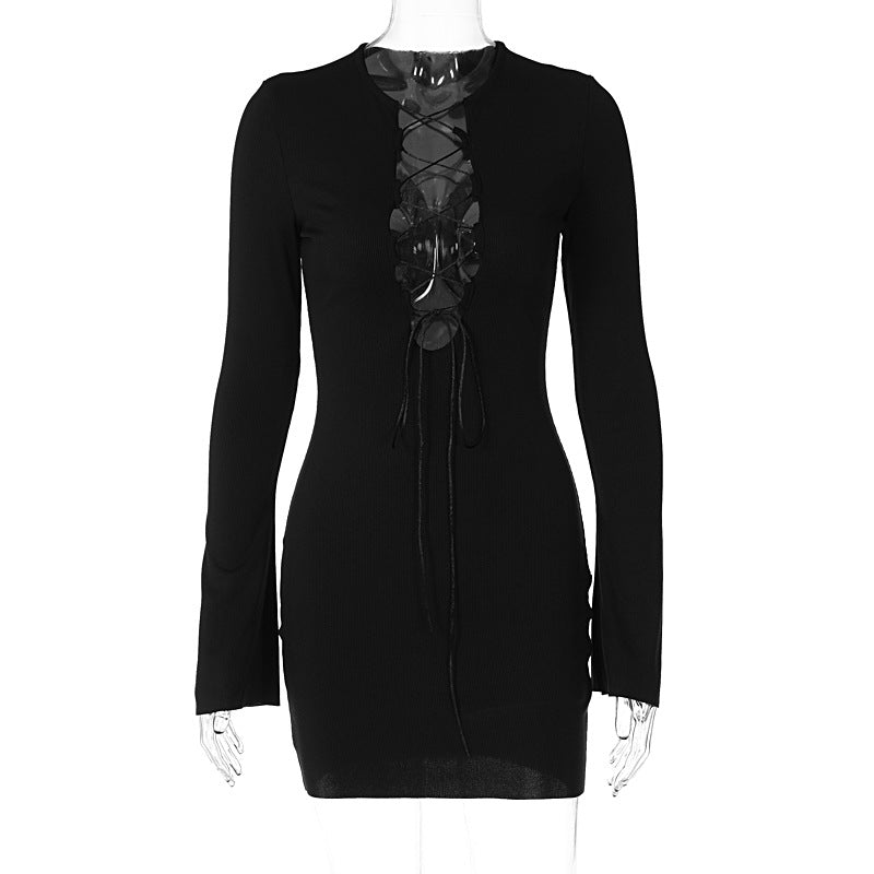 New Lace Up Sexy Breastless Long Sleeve Dress Club Wear