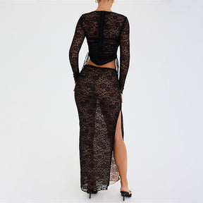See-Through Lace Slit Skirt  Long Sleeves 2PCS Club Wear