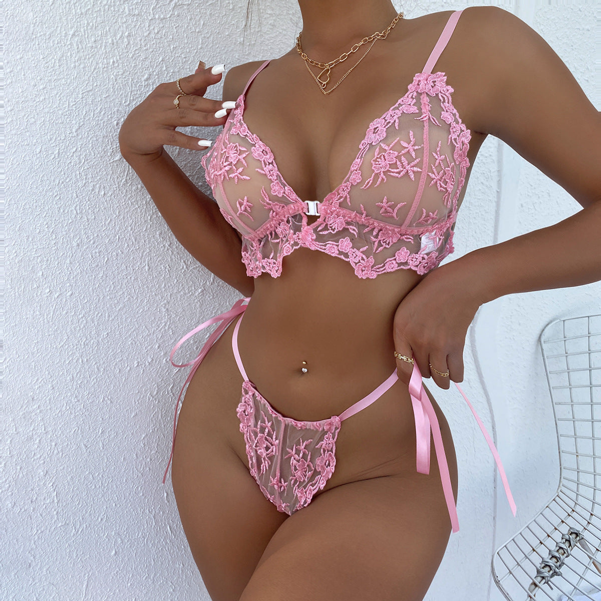 Lace Mesh Embroidery Sexy Lingerie Set