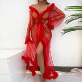 Perspective Sheer Mesh Plumes Trim Sexy Robe