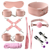 PU Leather SM Handcuffs Shackles Rope Whip Pink 9pcs  Bandage Set