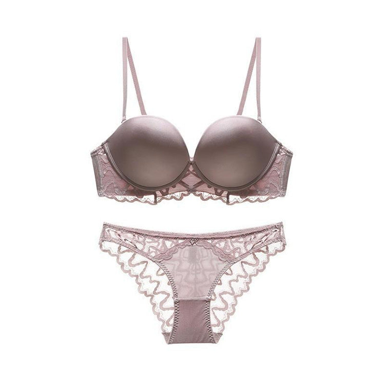 Satin Allover Lace Strappy Sheer Thin Padded Bralette Set
