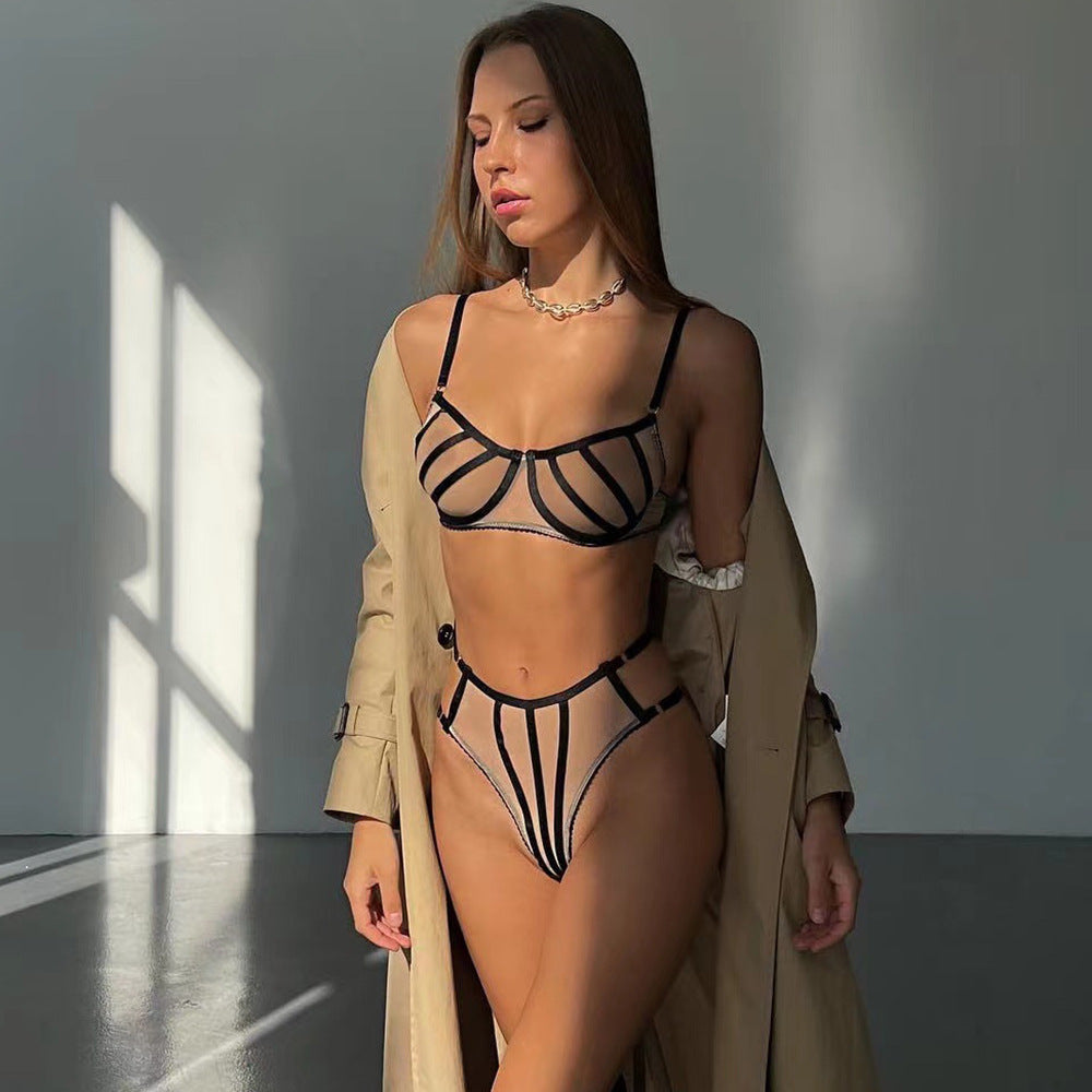 Mesh Contrast Striped Sexy Lingerie Set