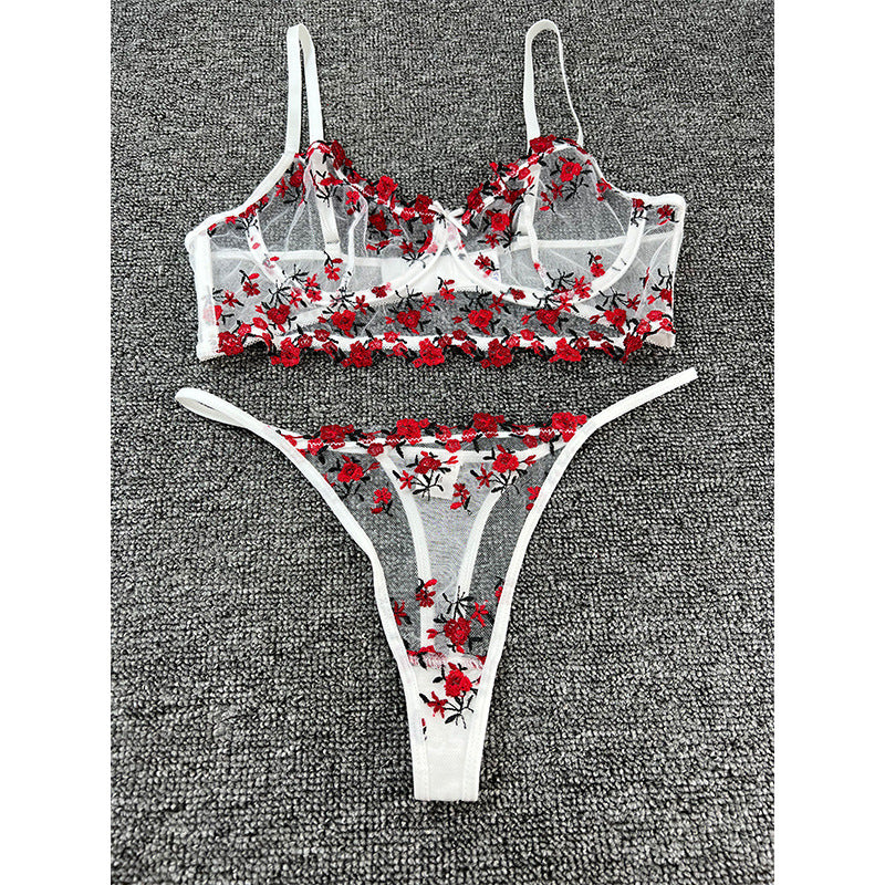Sheer Mesh Floral Embroidery Sexy Lingerie Set