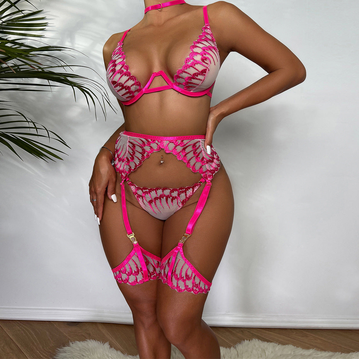 New Wings Embroidery Sexy Lingerie Set Hot Pink