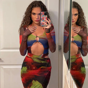 New Mesh Print Cutout Dress Club Wear