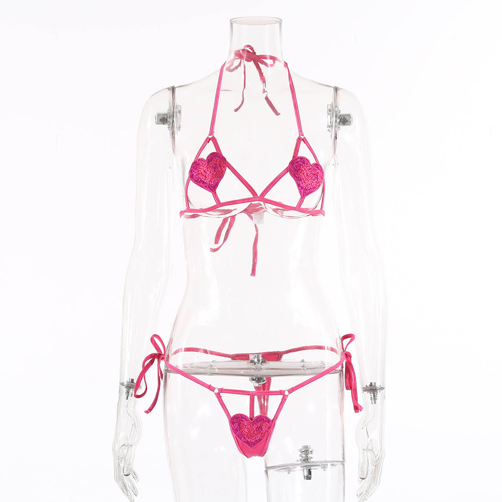 Multicolor Love Three-point Hollow Tie Sexy Lingerie Set