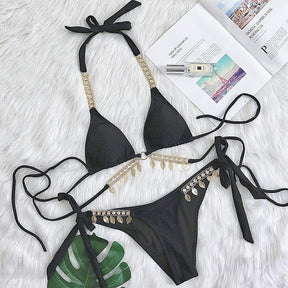 Holiday Swimsuit Metal Chain Strappy Sexy Bikini