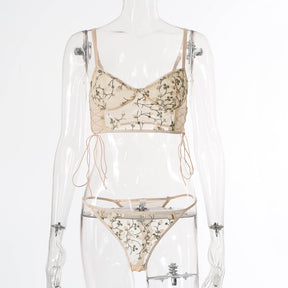 Floral Embroidered Sheer Mesh Cross Straps Sexy Lingerie Set