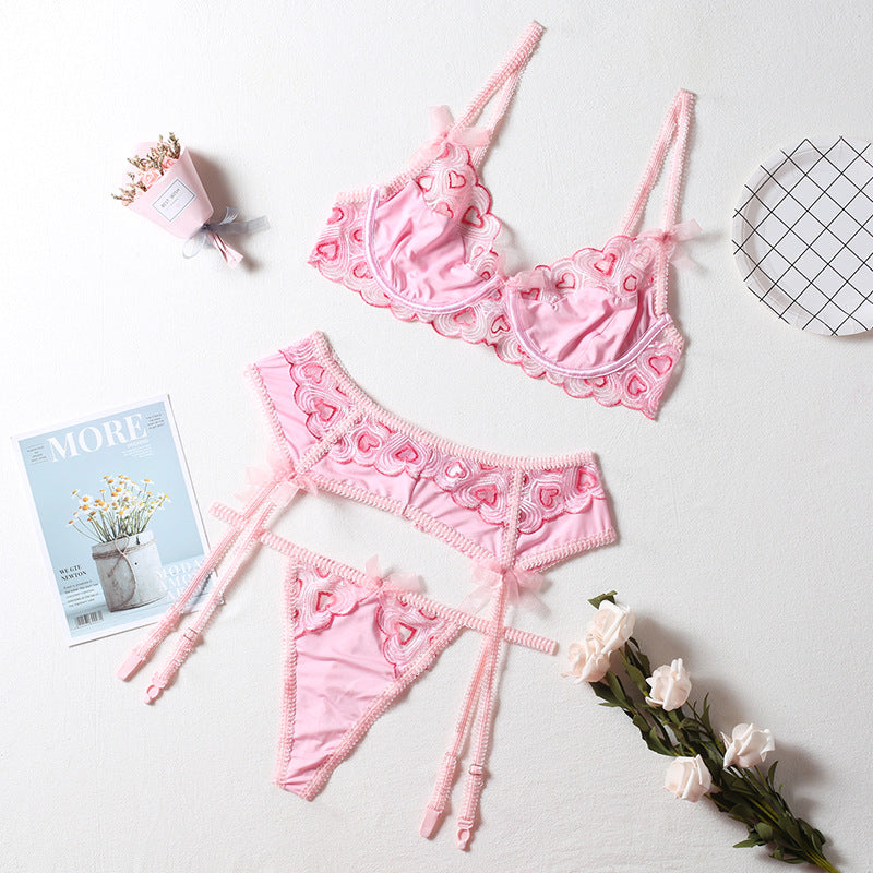 New Pink Heart Embroidery Sexy Lingerie Set