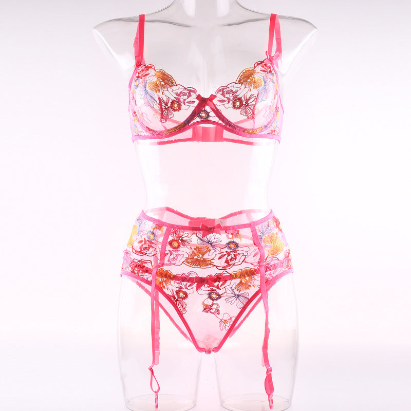 New Flower Embroidery Lingerie Three-Piece Set