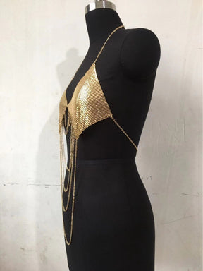 Rhinestone Inlaid Diamond Wavy Tassel Chain Halter Vest