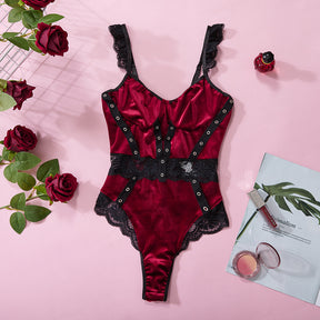 Red Velvet Lace Trim Sheer Lace Bandage Sexy Bodysuit