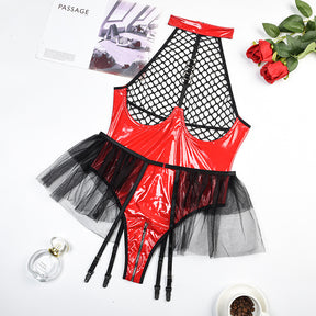 PU Leather Fishnet Open Brust Sexy Lingerie Set