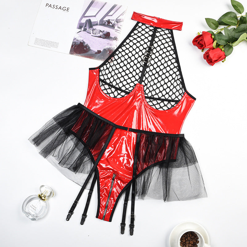 PU Leather Fishnet Open Brust Sexy Lingerie Set