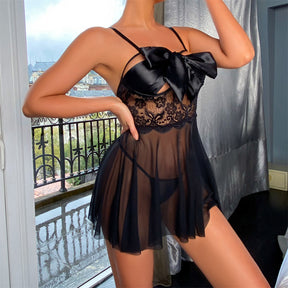 Sheer Lace Satin Bow Tie Hollow Out Perspective Sexy Chemise
