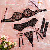 Sheer Mesh Floral Embroidery Lace Metal Chain Sexy Lingerie Set