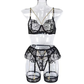 Metal Chain Lace Embroidered  Eyelashes Lingerie Set