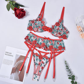 Rose Embroidery Sexy Push Up 3-piece Lingerie Set
