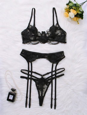 Floral Embroidery Lace Sheer Sexy Lingerie Set