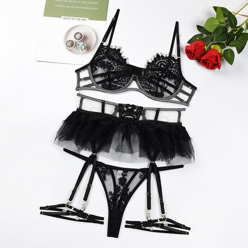 Embroidery Lace Eyelashes Lace Sexy Lingerie Set