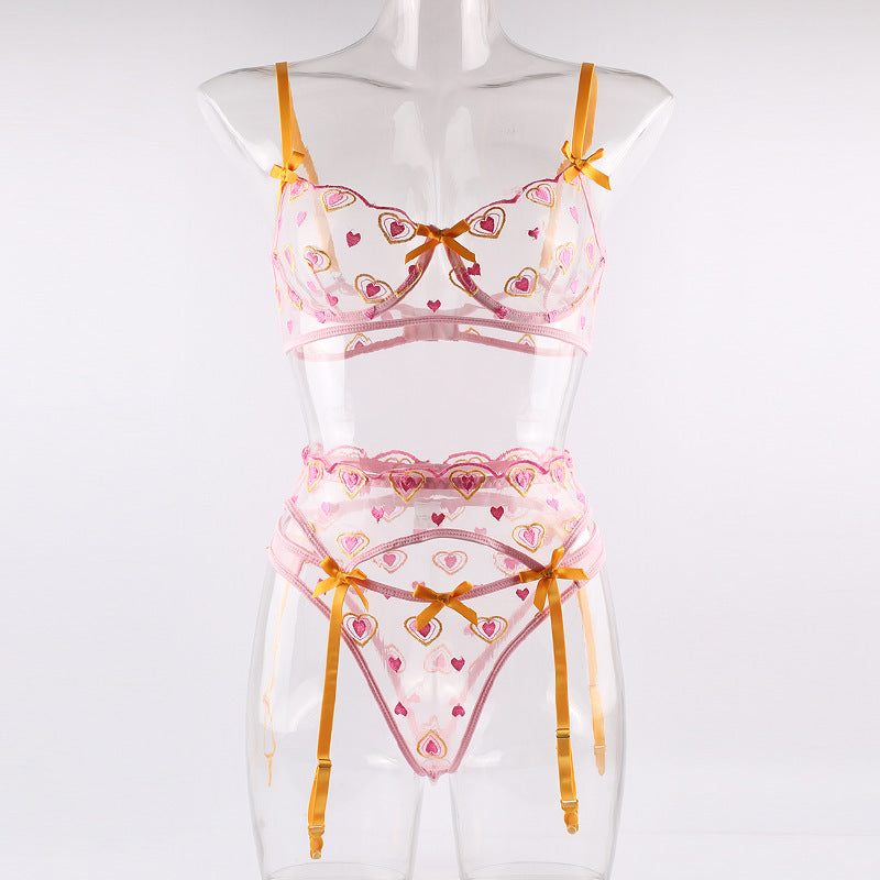 Sexy Transparent Heart Bow Three-Piece Lingerie Set