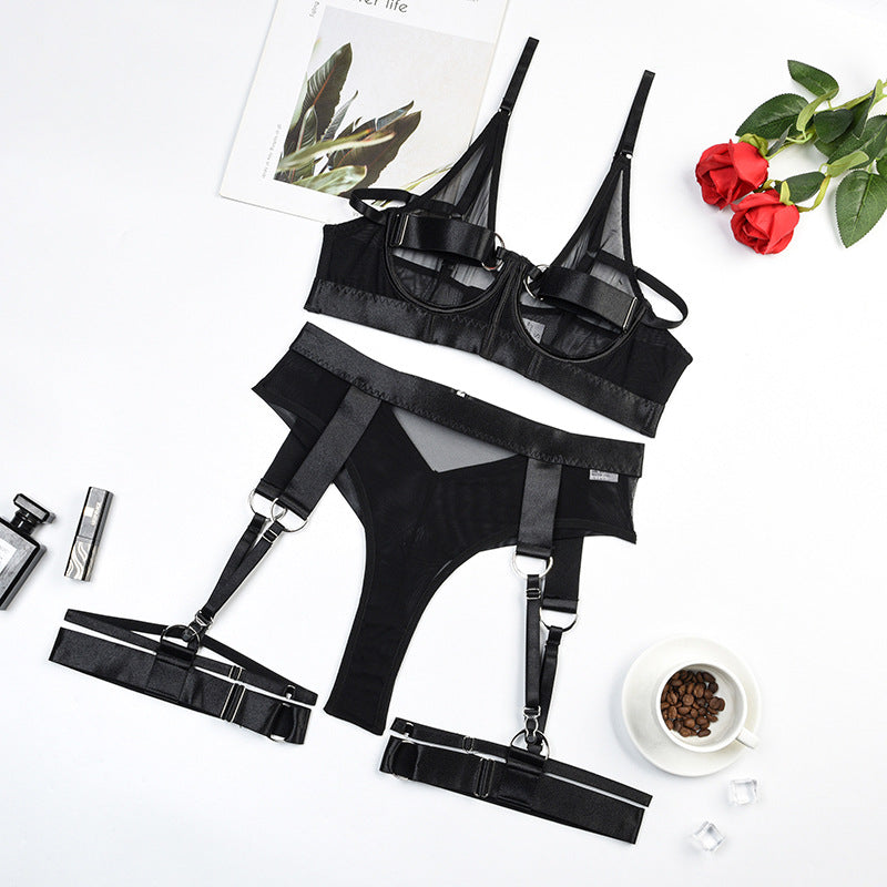 Sheer Mesh Stain Strappy Perspective Sexy Lingerie Set