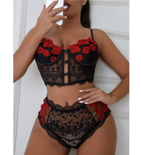 Rose Embroidery Sheer Lace Trim Coset Sexy Lingerie Set