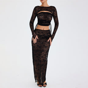 See-Through Lace Slit Skirt  Long Sleeves 2PCS Club Wear