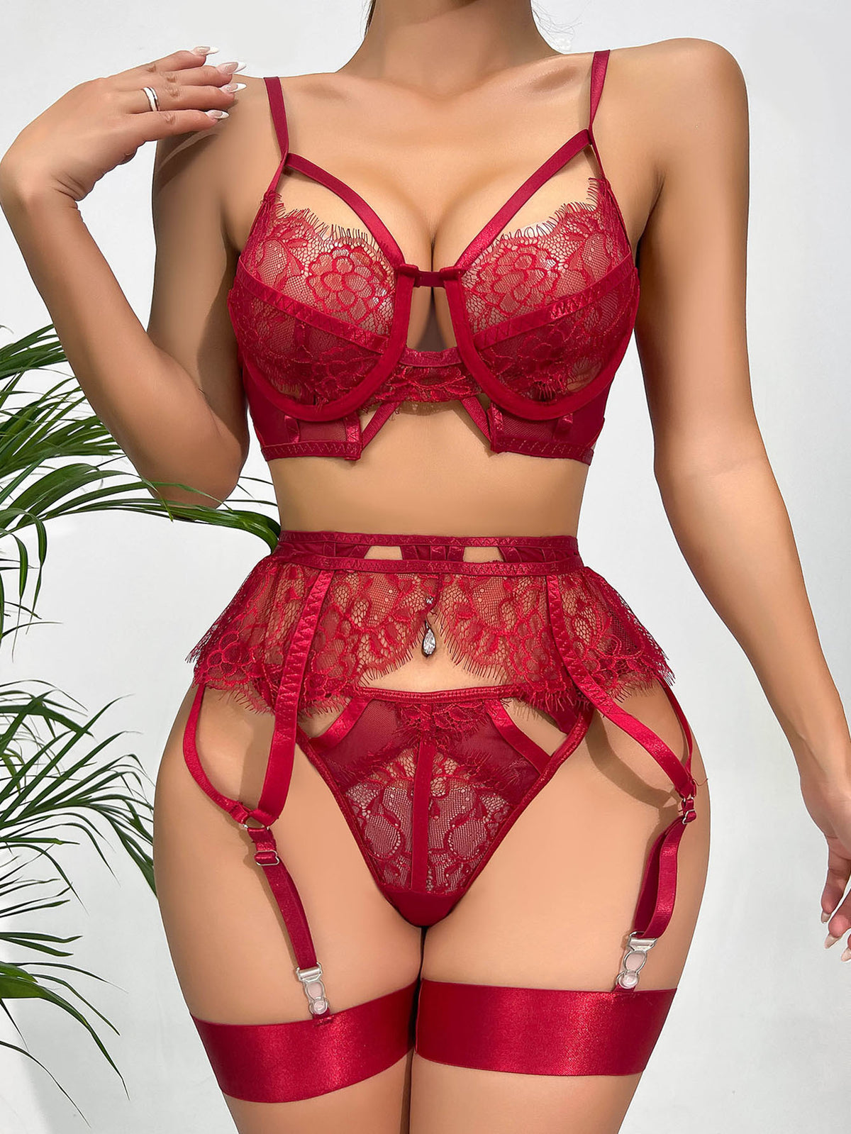 Red Allover Lace Trim Strappy Sexy Lingerie Set