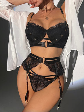 Allover Lace Strappy Hollow Sexy Lingerie Set