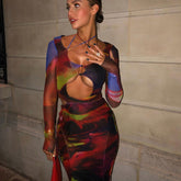 New Mesh Print Cutout Dress Club Wear