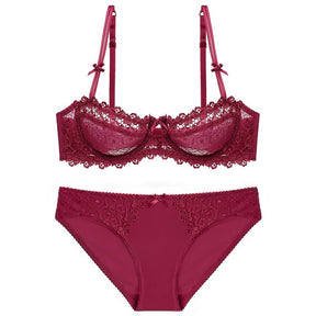 Ultra Thin Translucent Half Cup Lace Bra Sexy Push Up Bralette Set