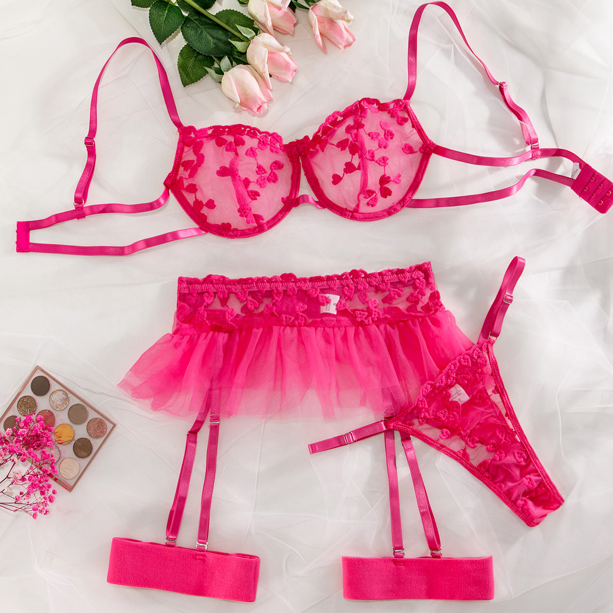 Hot Pink Embroidered Sexy Lingerie Set