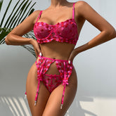 Hot Pink Heart Embroidery Sexy Simple Lingerie Set