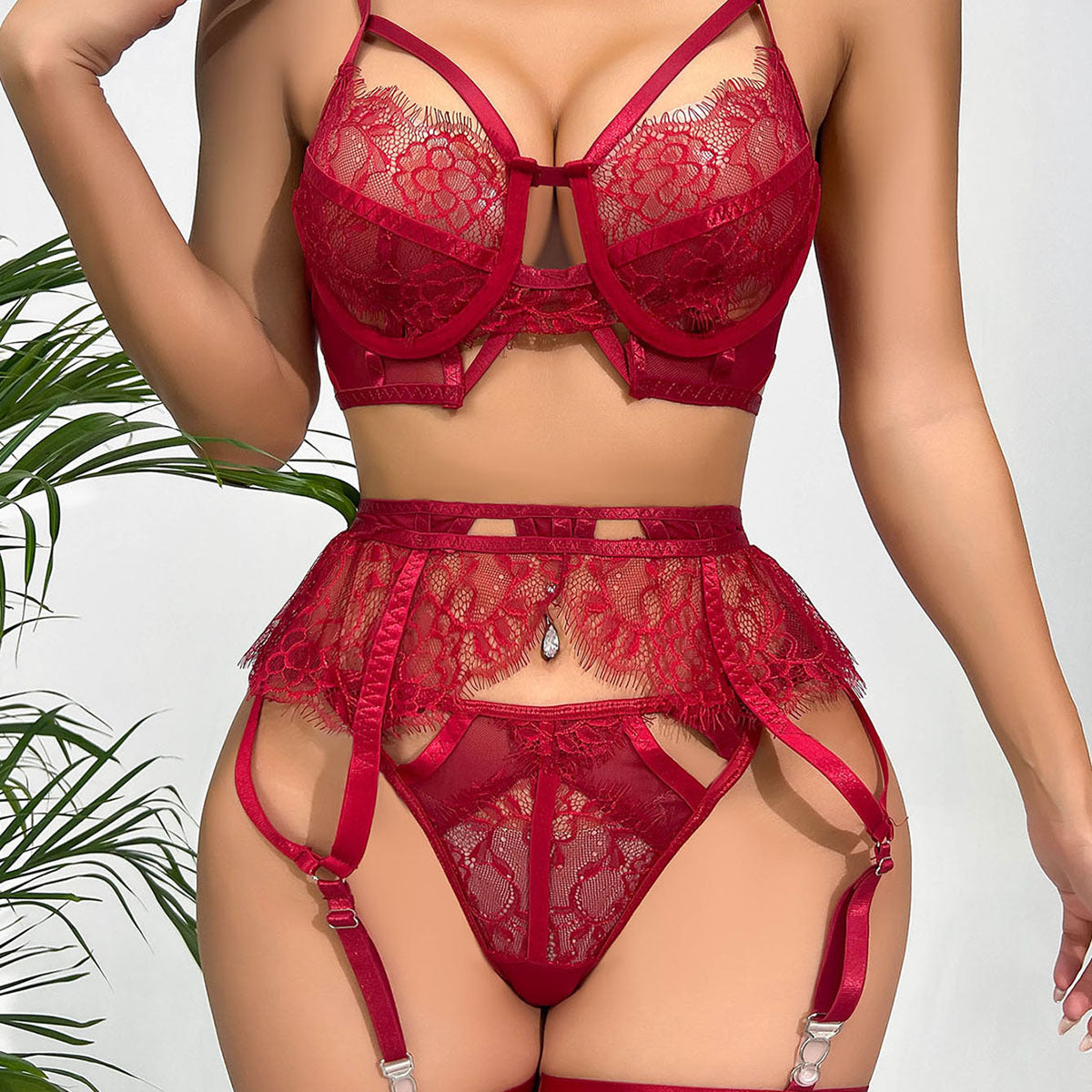 Red Allover Lace Trim Strappy Sexy Lingerie Set