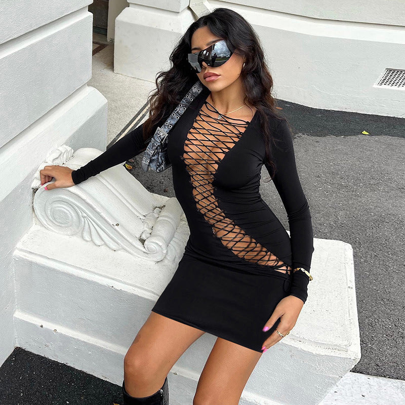 Sexy Slim Hollow Lace Up Hot Girl Dress Club Wear
