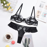 Sheer Mesh Floral Embroidery Lace Trim Sexy Lingerie Set