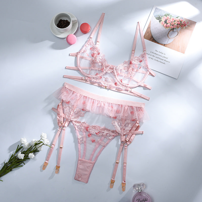 Mesh Flower Perspective Stitching Cross Sexy Lingerie Set