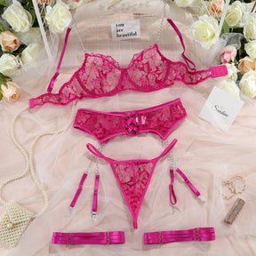 Sheer Mesh Floral Embroidery Lace Metal Chain Sexy Lingerie Set