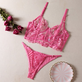 Allover Lace Floral Embroidery Deep V Sexy Lingerie Set