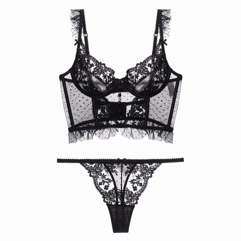 New Sheer Embroidered Lace Sexy Corset Lingerie Set