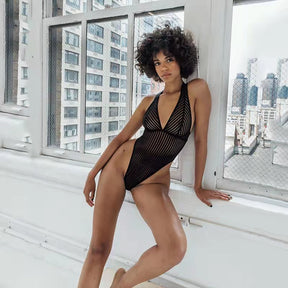 Deep V Stripe Backless Cross Strap Sexy Bodysuit