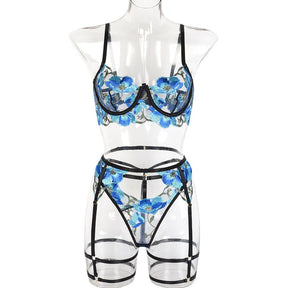 Blue Flower Embroidery Stitching Sexy Lingerie Set