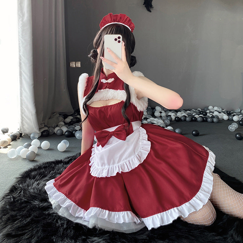 Christmas Maid Dress Lace Plumes Sexy Lingerie Costume