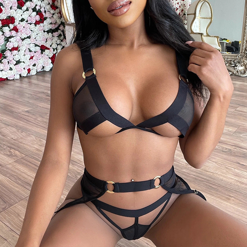 Cross Strap Perspective Mesh Sexy lingerie Set