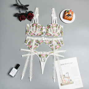 Floral Embroidered Garter Belt Lingerie Set - Sexyzara
